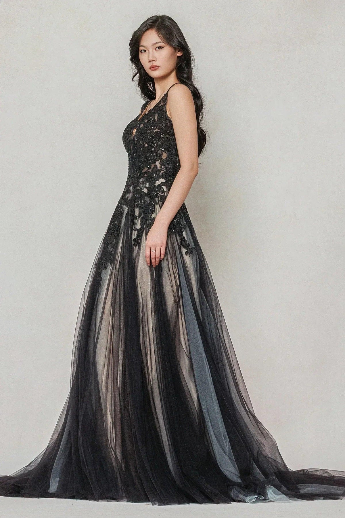 A-Line Sweep-Brush Train Tulle Wedding Dress CW3608 - 45 Days / As Picture:Black/Nude / US0-UK2-EUR30 - COCOMELODY