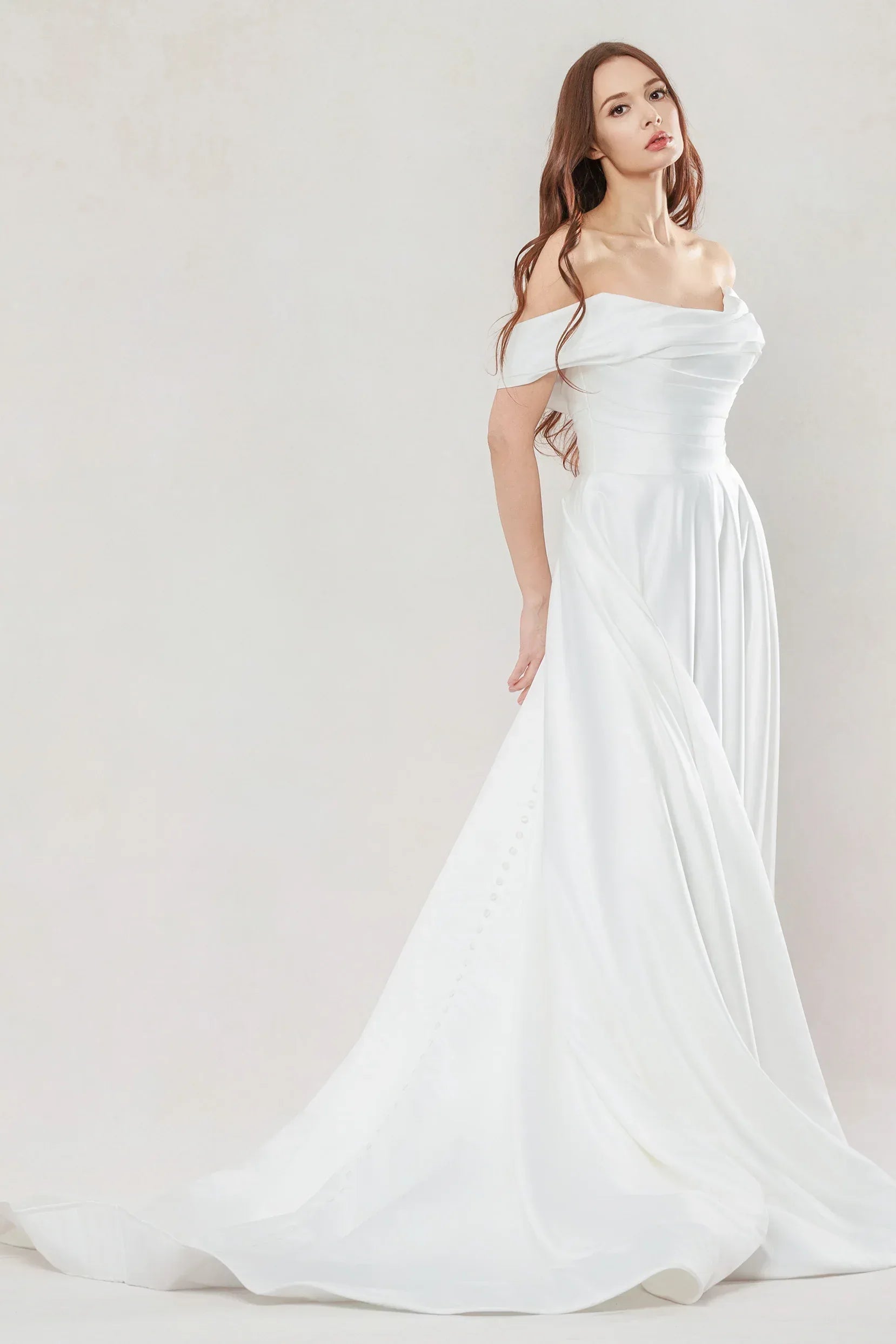 A-Line Court Train Satin Wedding Dress Pleating COCOMELODY CW3609, 45 Days / Ivory / US2-UK4-EUR32