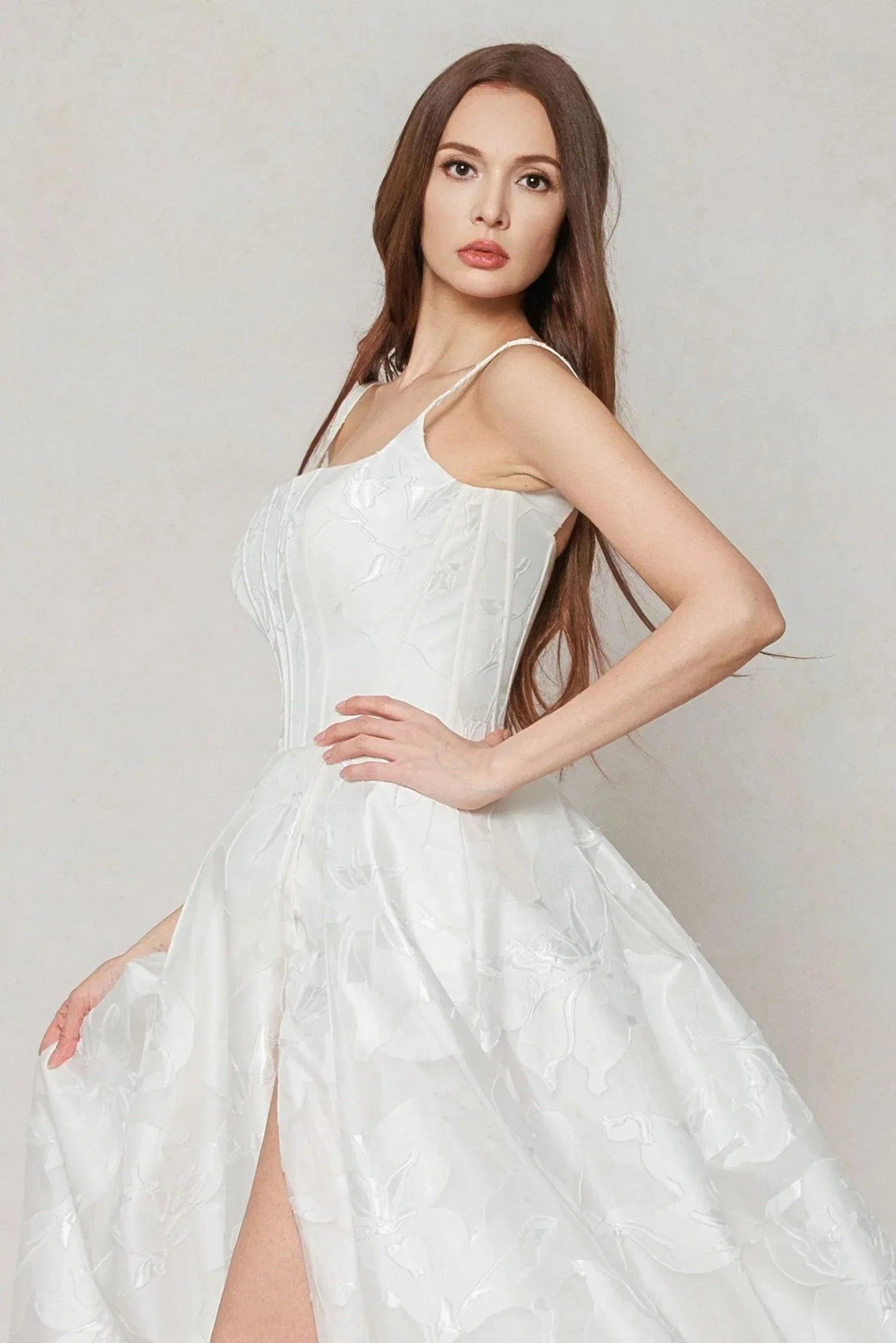 A-Line Court Train Jacquard Satin Wedding Dress CW3621 - COCOMELODY