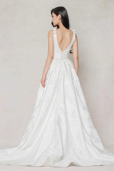 A-Line Court Train Jacquard Satin Wedding Dress CW3622 - COCOMELODY