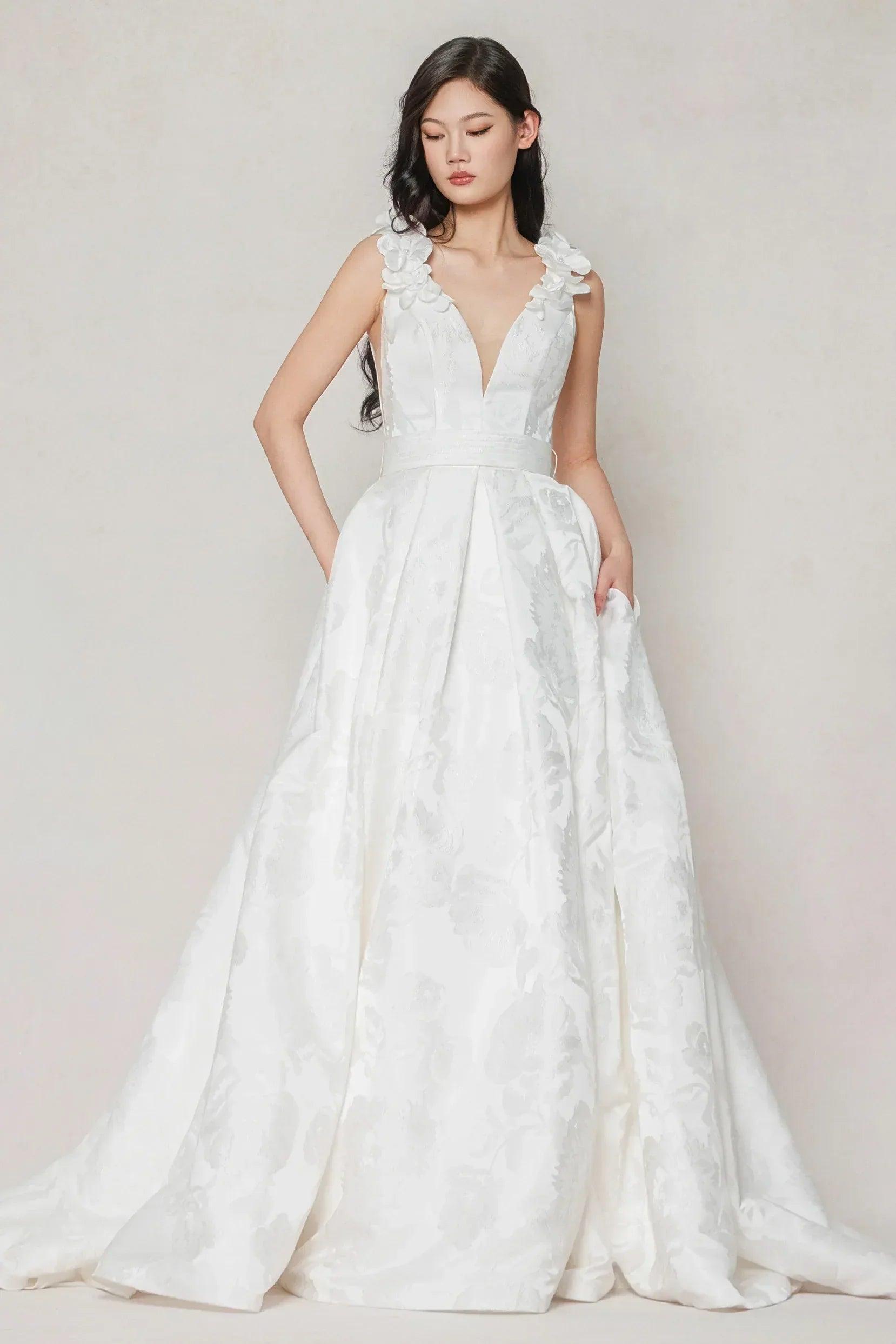 A-Line Court Train Jacquard Satin Wedding Dress Appliques Beading COCOMELODY CW3622, 45 Days / As Picture:Ivory/Nude / US22-UK24-EUR52