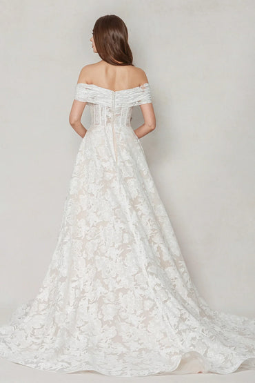 A-Line Court Train Gauze Broche Wedding Dress CW3623 - COCOMELODY