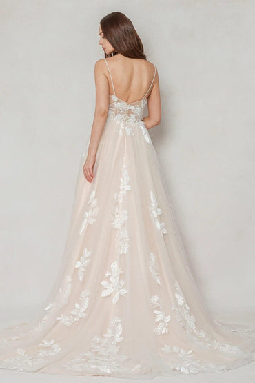 A-Line Sweep-Brush Train Tulle Wedding Dress CW3627 - COCOMELODY