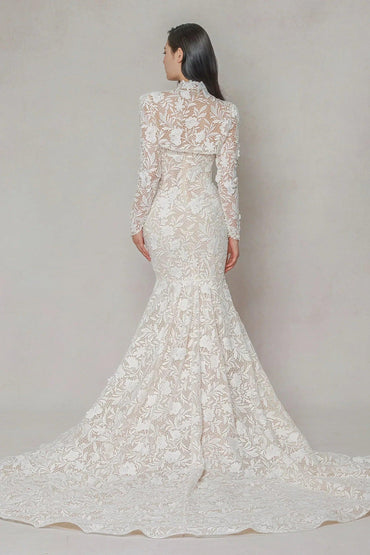 Trumpet-Mermaid Chapel Train Lace Tulle Wedding Dress CW3647 - COCOMELODY