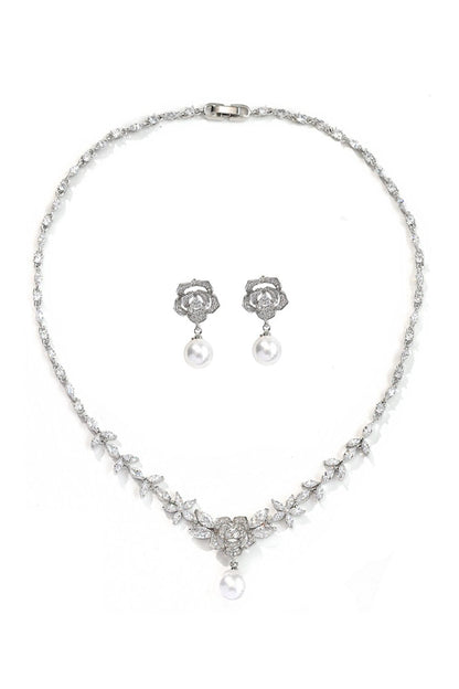 Alloy Zircon Pearl Necklace Earrings Jewelry CY0093