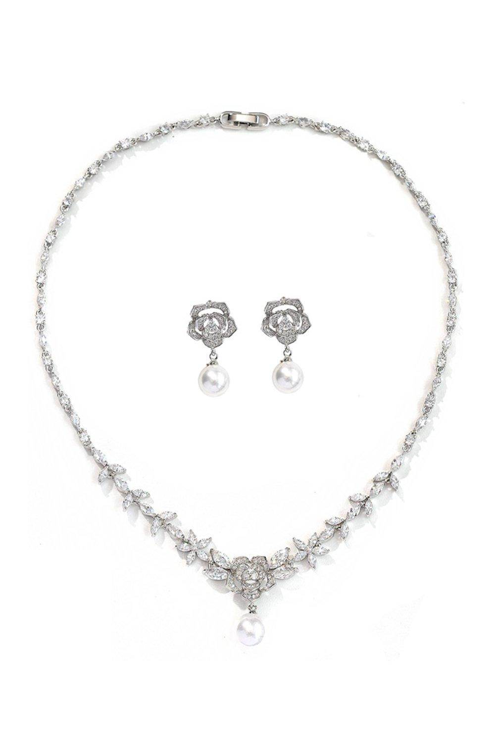 Alloy Zircon Pearl Necklace Earrings Jewelry CY0093 - COCOMELODY