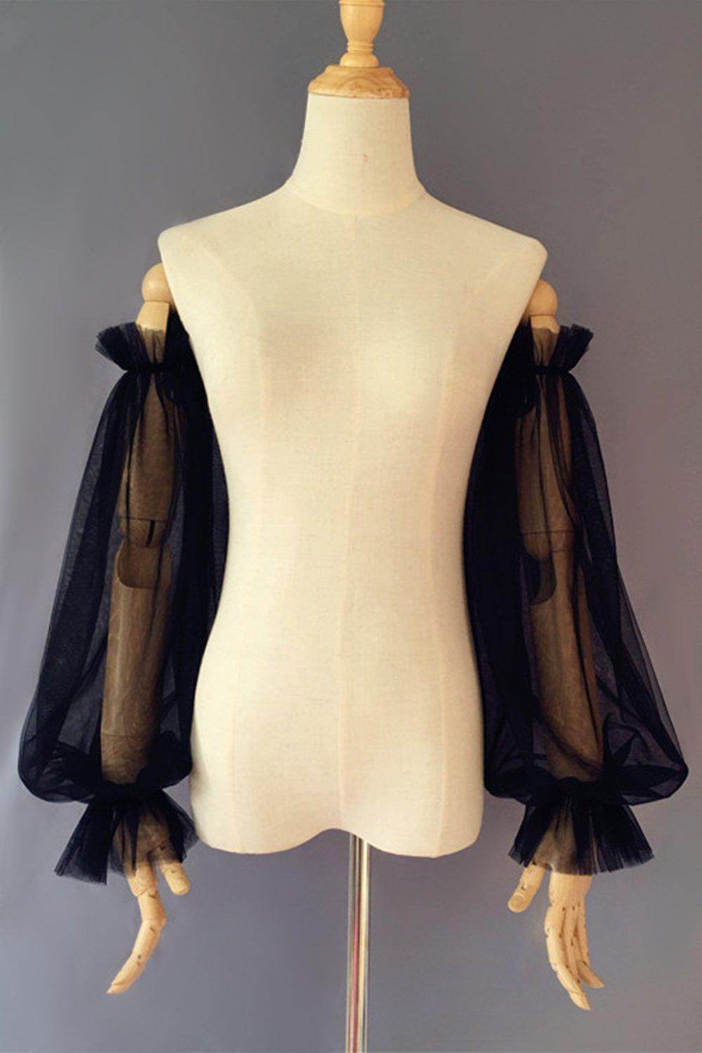 Black Tulle Detachable Long Sleeves with Ruched CZ0330 - COCOMELODY