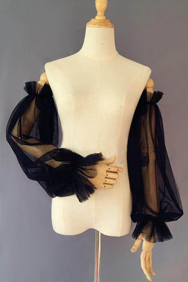 Black Tulle Detachable Long Sleeves with Ruched CZ0330 - COCOMELODY