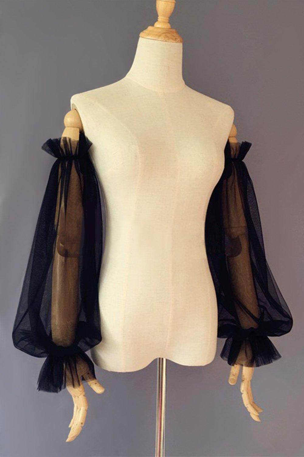 Black Tulle Detachable Long Sleeves with Ruched CZ0330 - COCOMELODY