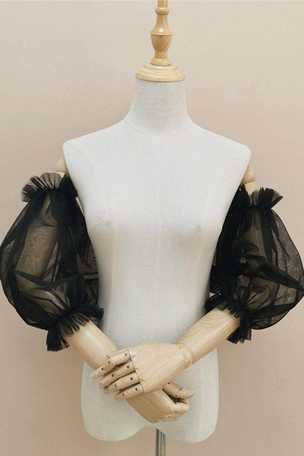 Black Tulle Detachable Long Sleeves with Ruched CZ0331 - COCOMELODY