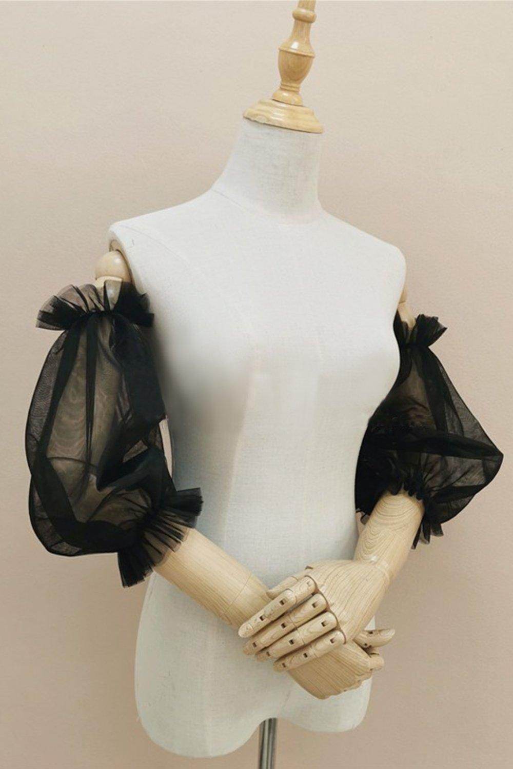 Black Tulle Detachable Long Sleeves with Ruched CZ0331 - COCOMELODY