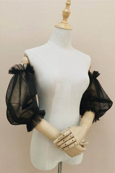 Black Tulle Detachable Long Sleeves with Ruched CZ0331 - COCOMELODY