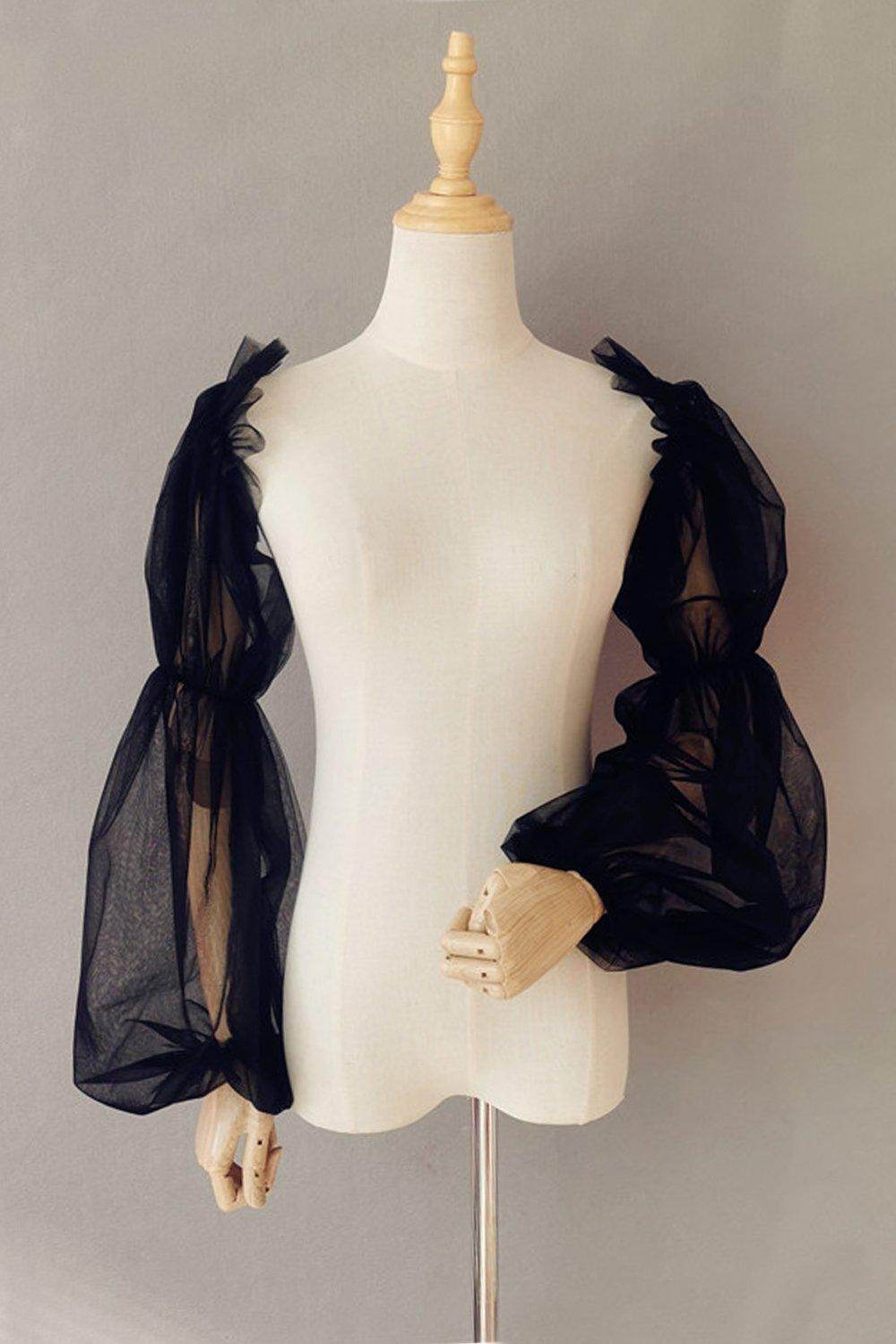 Black Tulle Detachable Long Sleeves with Ruched CZ0332 - COCOMELODY