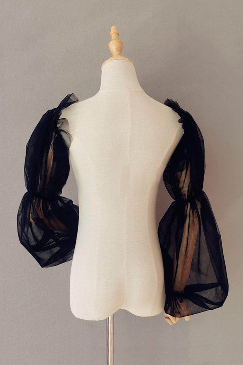 Black Tulle Detachable Long Sleeves with Ruched CZ0332 - COCOMELODY