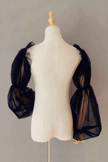 Black Tulle Detachable Long Sleeves with Ruched CZ0332 - COCOMELODY