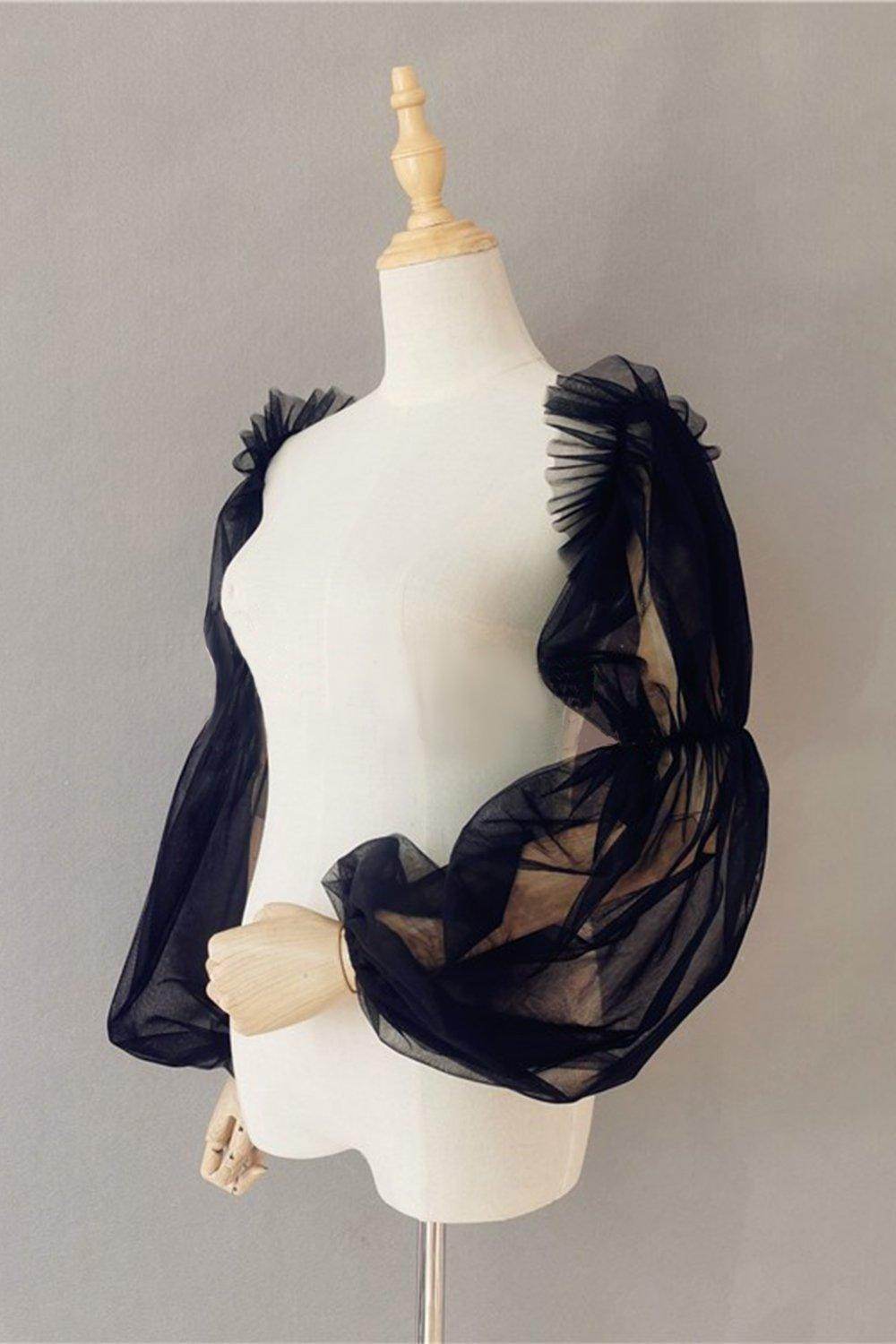 Black Tulle Detachable Long Sleeves with Ruched CZ0332 - COCOMELODY