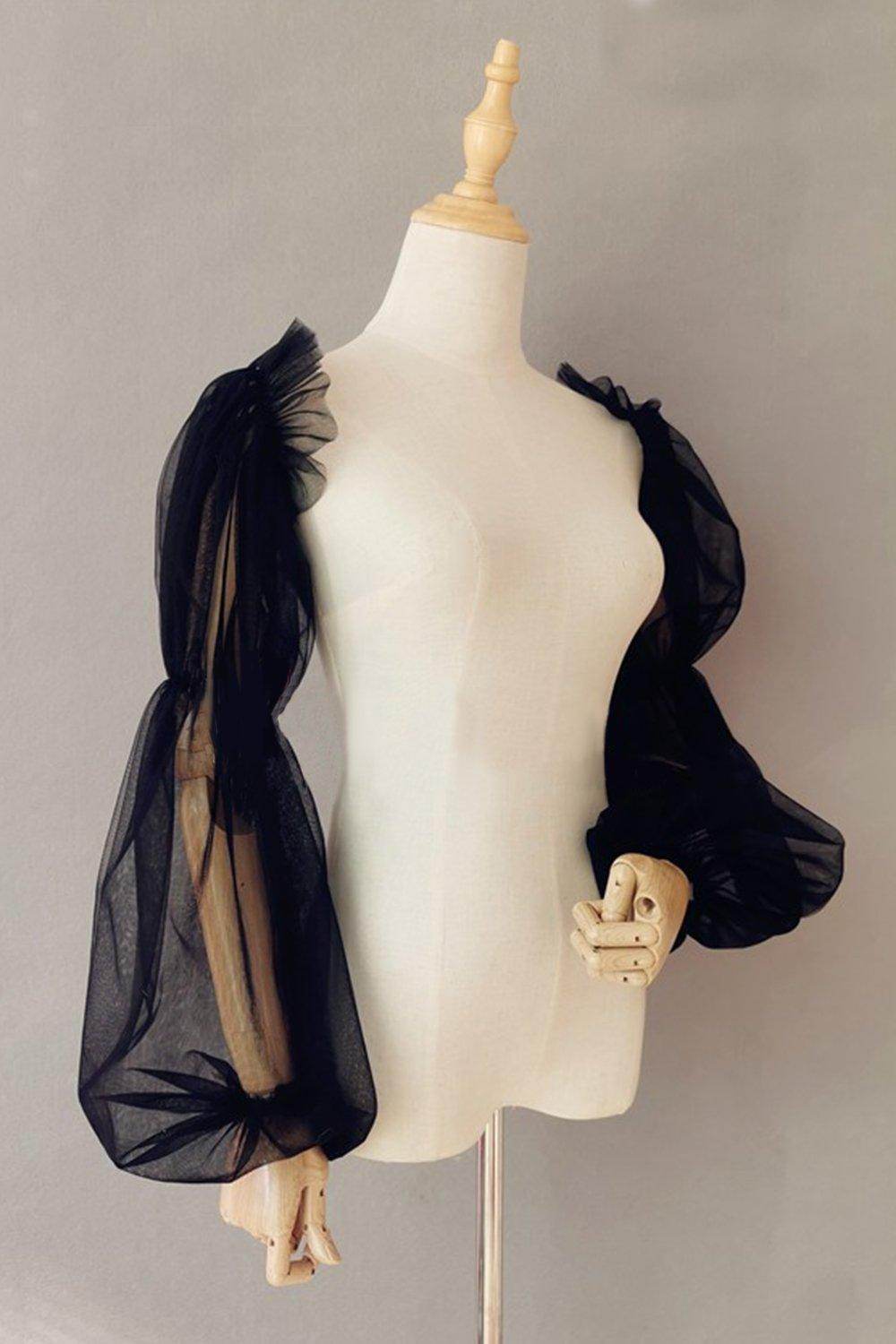 Black Tulle Detachable Long Sleeves with Ruched CZ0332 - COCOMELODY