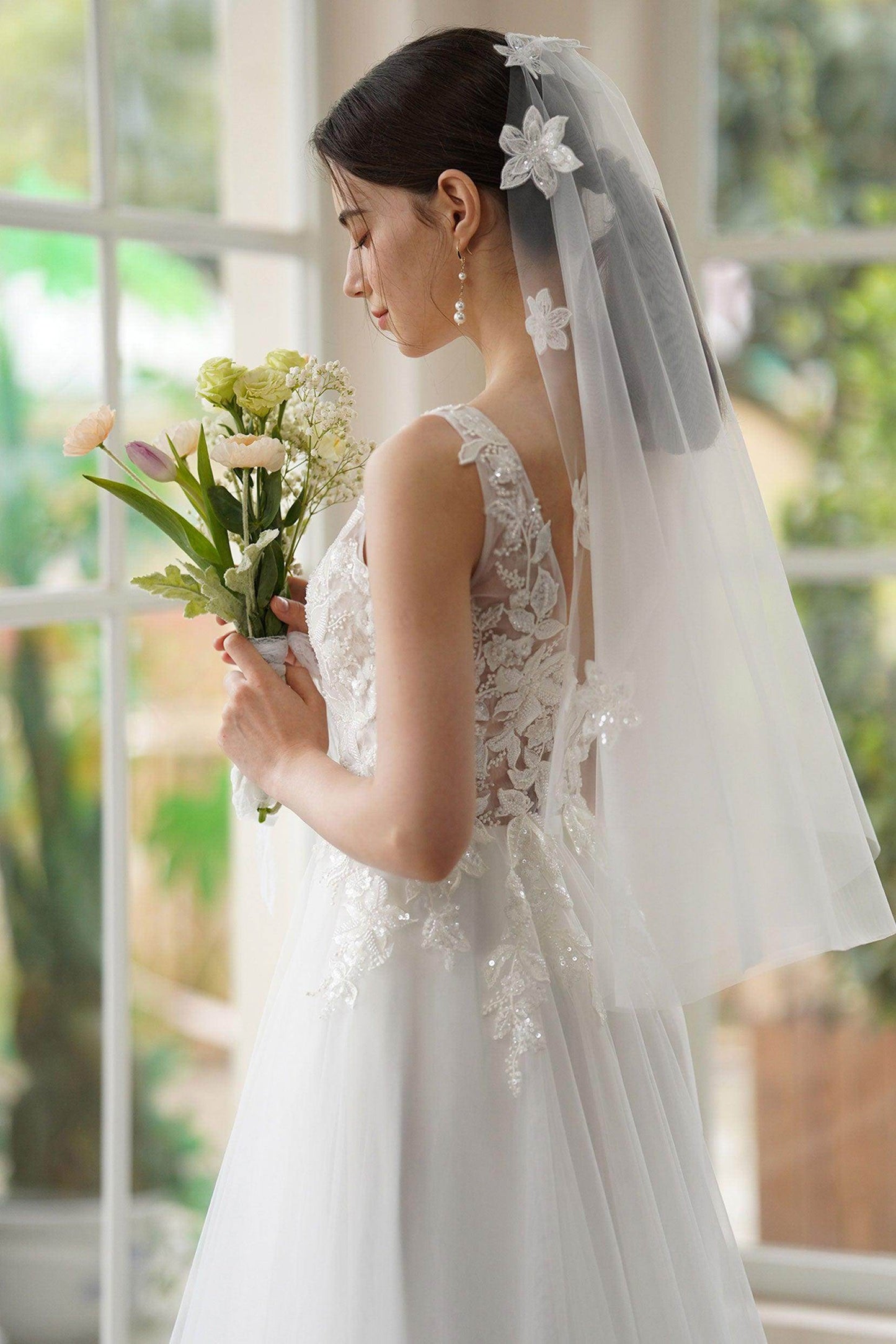 A-Line Sweep-Brush Train Lace Tulle Wedding Dress CW3306 - COCOMELODY