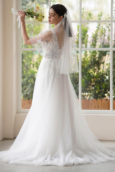 A-Line Sweep-Brush Train Lace Tulle Wedding Dress CW3306 - COCOMELODY