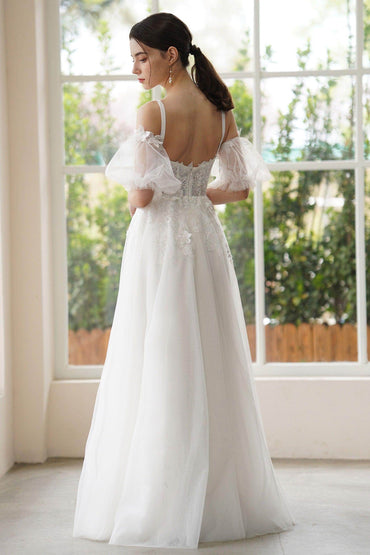 A-Line Sweep-Brush Train Lace Tulle Wedding Dress CW3307 - COCOMELODY
