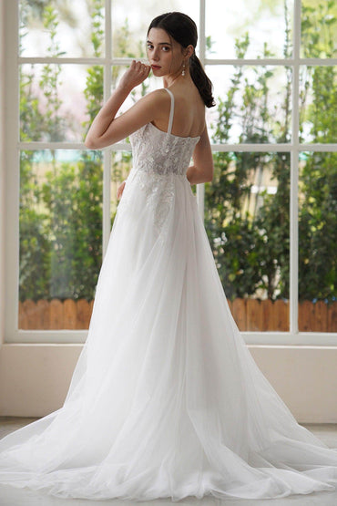 A-Line Sweep-Brush Train Lace Tulle Wedding Dress CW3308 - COCOMELODY