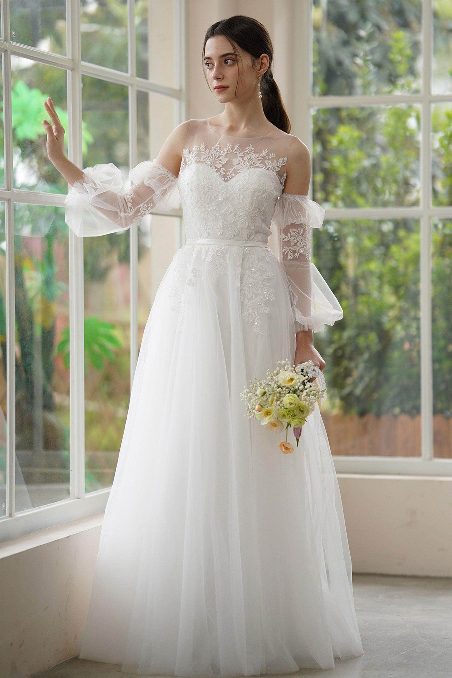 A-Line Sweep-Brush Train Lace Tulle Wedding Dress CW3309 - COCOMELODY