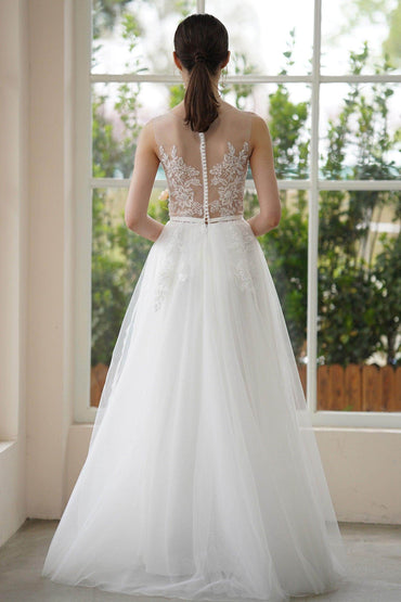 A-Line Sweep-Brush Train Lace Tulle Wedding Dress CW3309 - COCOMELODY