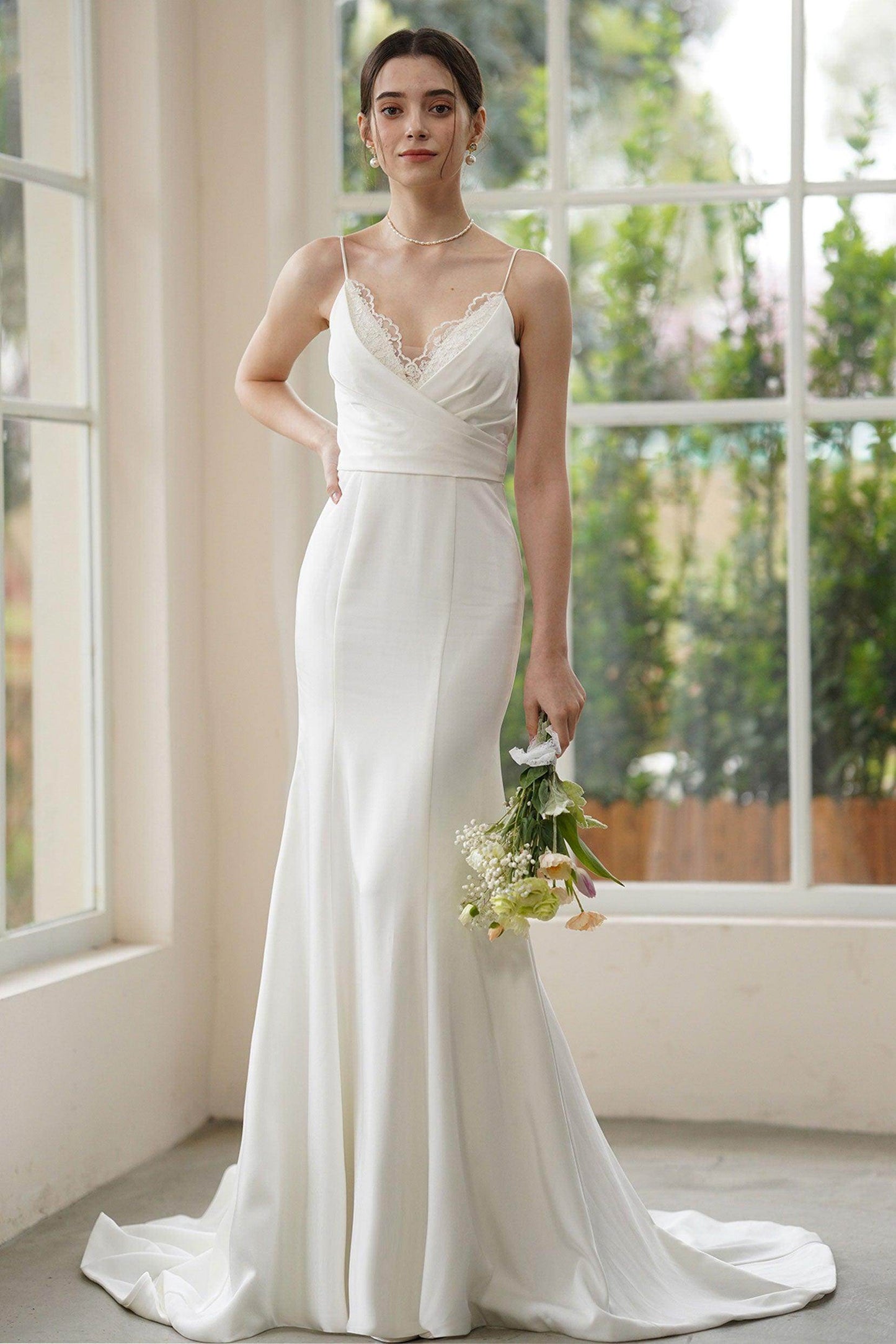Trumpet-Mermaid Sweep-Brush Train Stretch Satin Wedding Dress CW3310 - COCOMELODY