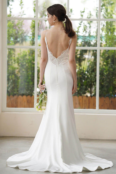 Trumpet-Mermaid Sweep-Brush Train Stretch Satin Wedding Dress CW3310 - COCOMELODY