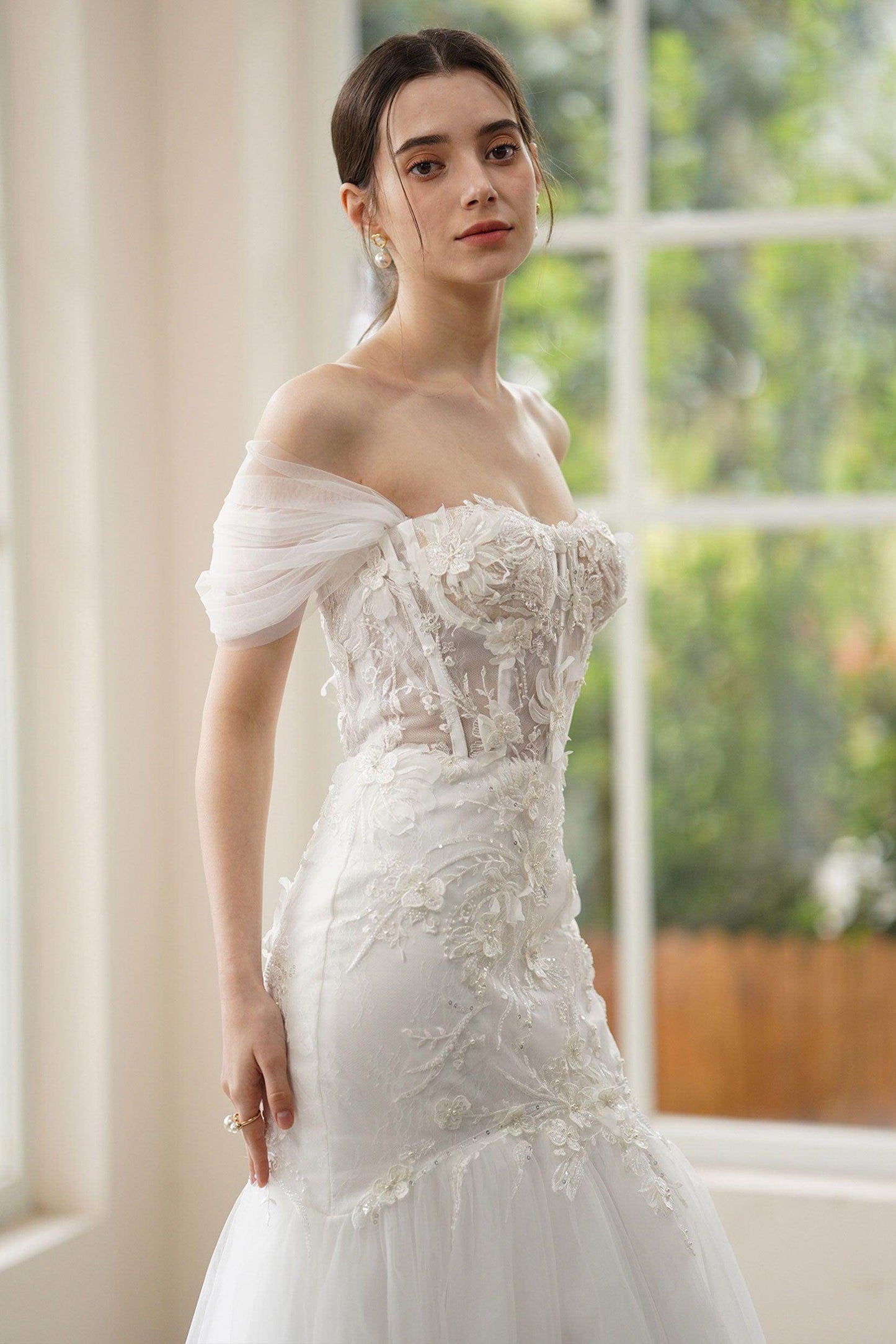 Trumpet-Mermaid Sweep-Brush Train Lace Tulle Wedding Dress CW3312 - COCOMELODY