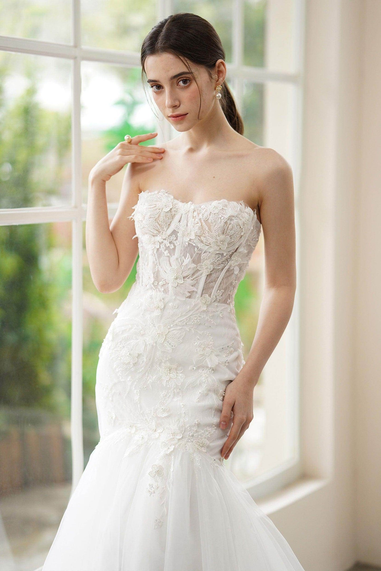 Trumpet-Mermaid Sweep-Brush Train Lace Tulle Wedding Dress CW3312 - COCOMELODY
