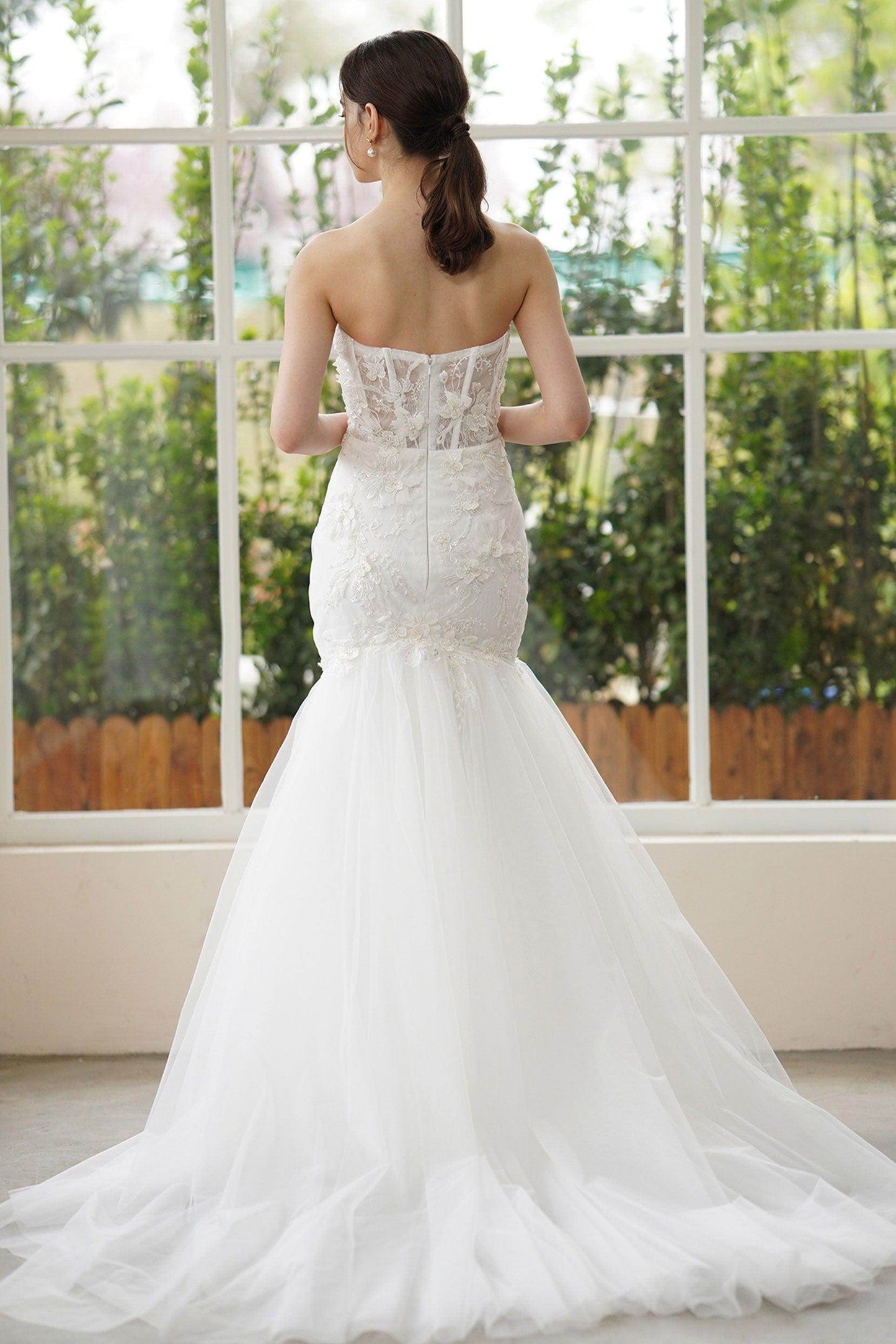 Trumpet-Mermaid Sweep-Brush Train Lace Tulle Wedding Dress CW3312 - COCOMELODY