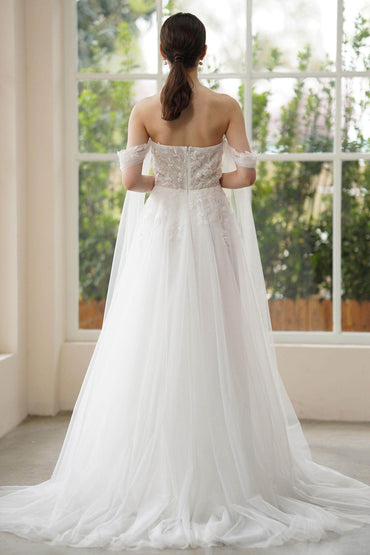 A-Line Sweep-Brush Train Lace Tulle Wedding Dress CW3313 - COCOMELODY