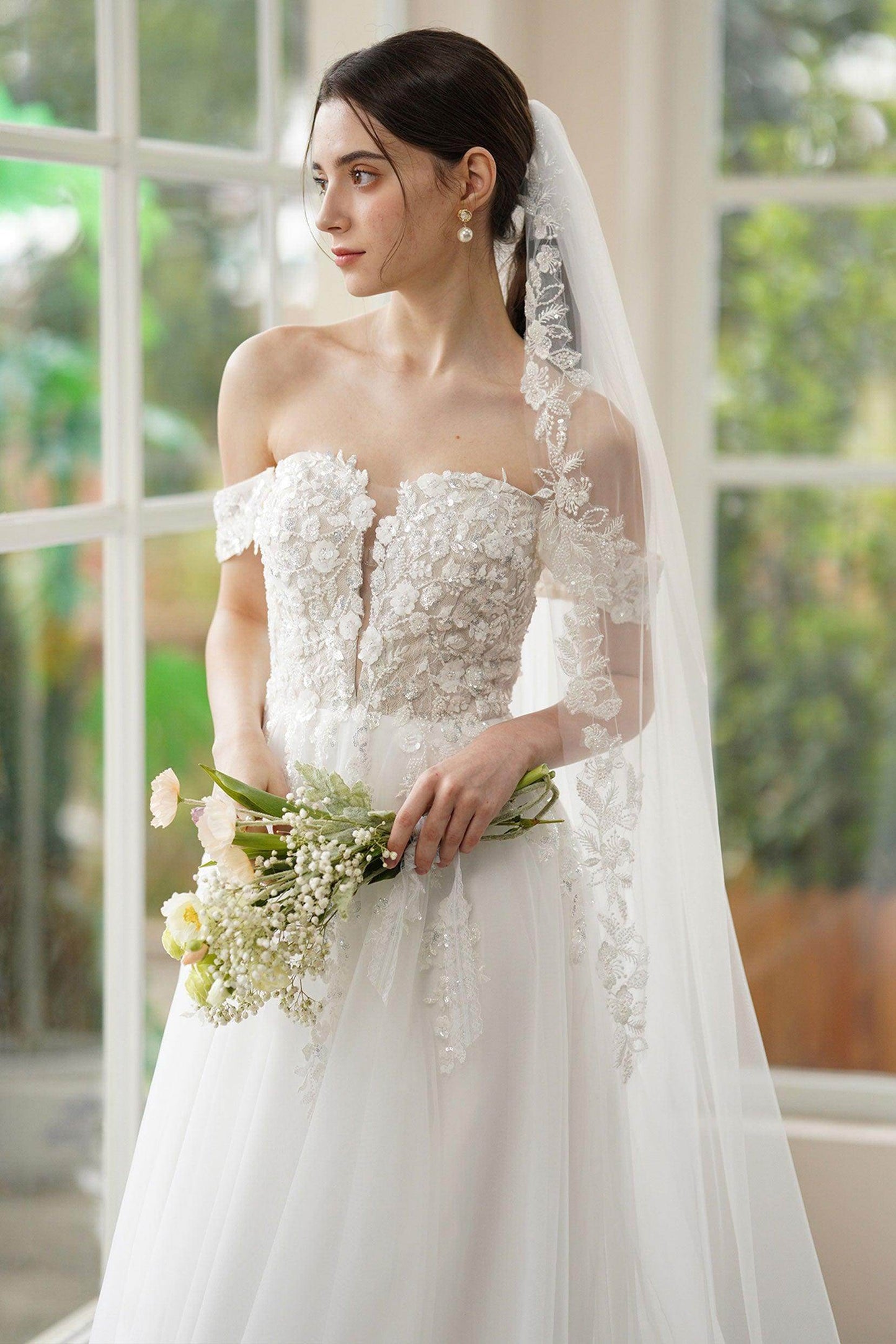 A-Line Sweep-Brush Train Lace Tulle Wedding Dress CW3314 - COCOMELODY