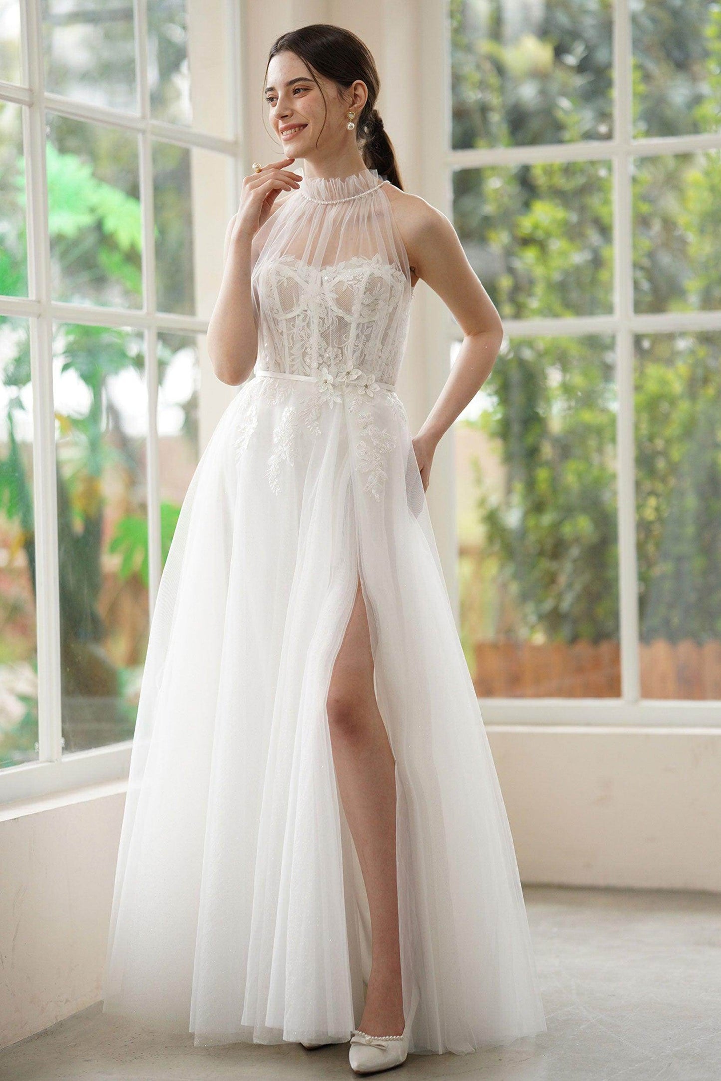A-Line Sweep-Brush Train Lace Tulle Wedding Dress CW3315 - COCOMELODY