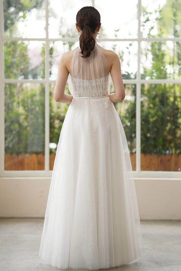 A-Line Sweep-Brush Train Lace Tulle Wedding Dress CW3315 - COCOMELODY