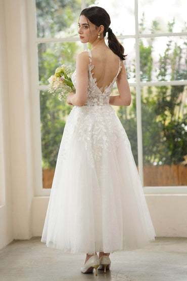 A-Line Ankle Length Lace Tulle Wedding Dress CW3316 - COCOMELODY