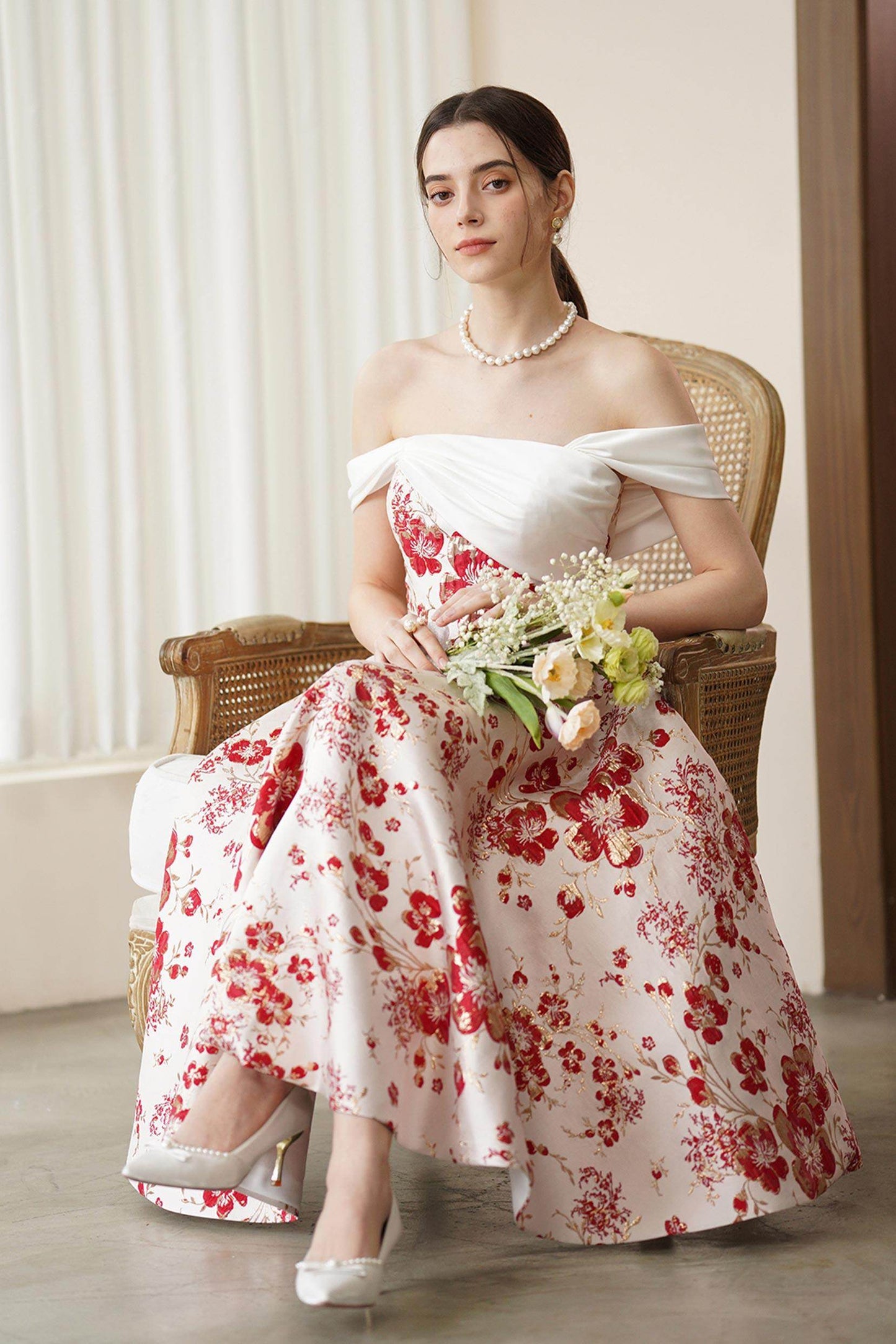 A-Line Tea Length Jacquard Satin Wedding Dress CW3317 - COCOMELODY