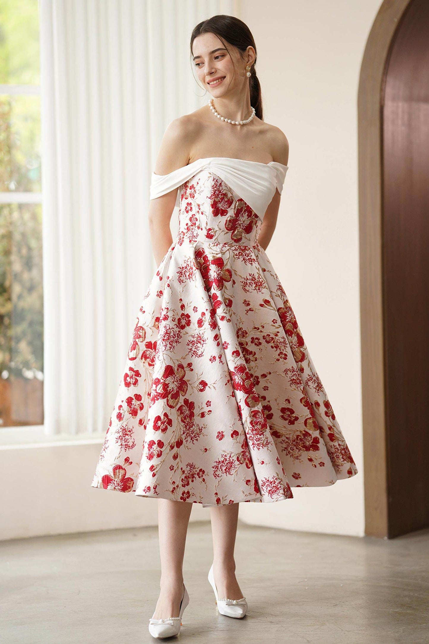 A-Line Tea Length Jacquard Satin Wedding Dress CW3317 - COCOMELODY