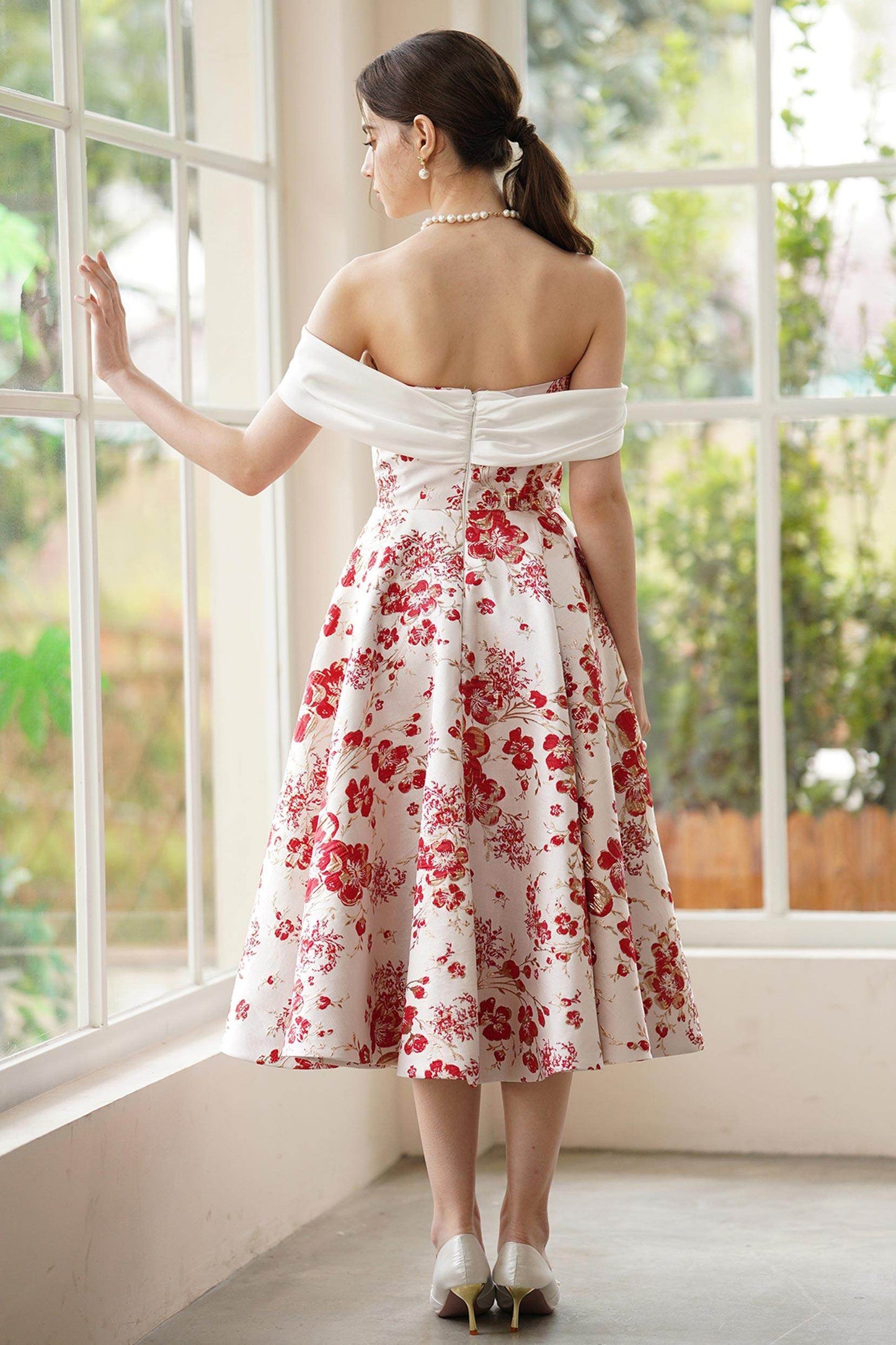 A-Line Tea Length Jacquard Satin Wedding Dress CW3317 - COCOMELODY