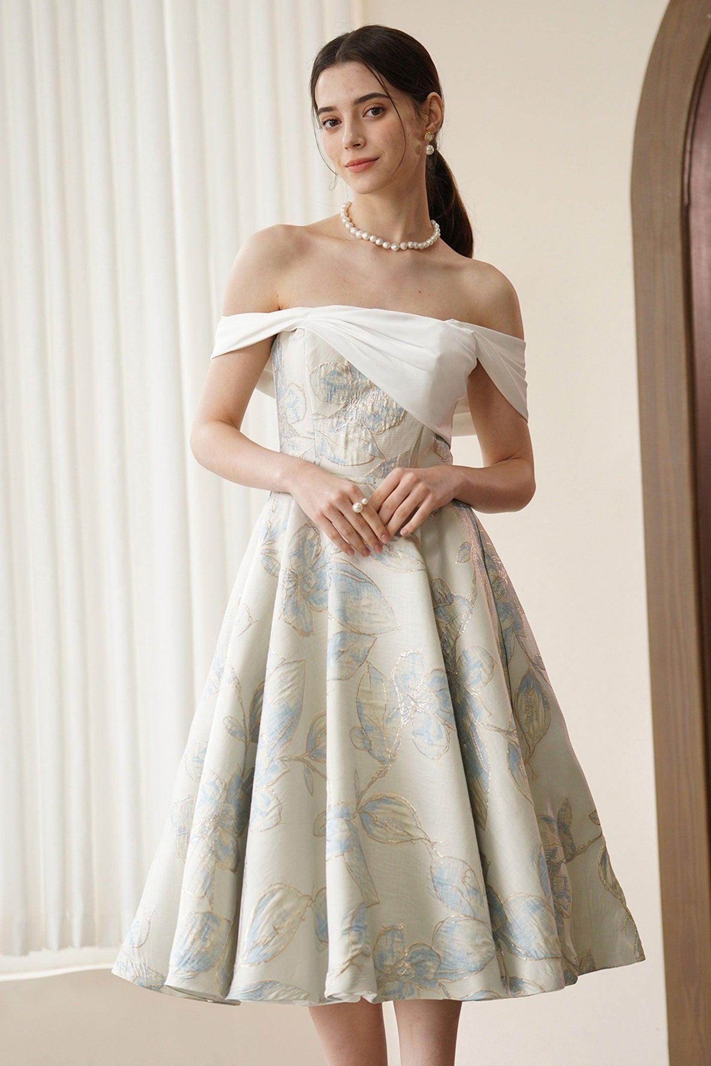 A-Line Tea Length Jacquard Satin Wedding Dress CW3318 - COCOMELODY