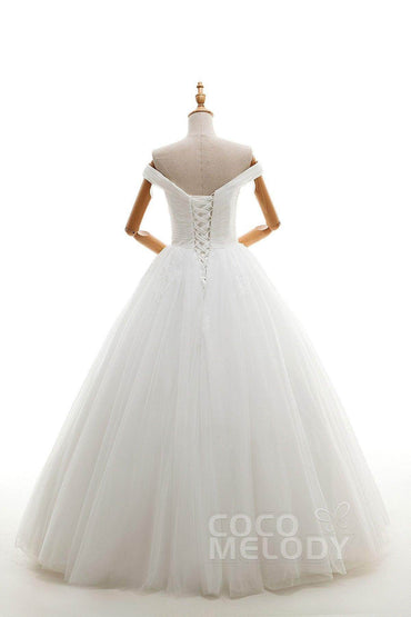 A-Line Floor Length Tulle Ivory Wedding Dress JWLF16001 - COCOMELODY