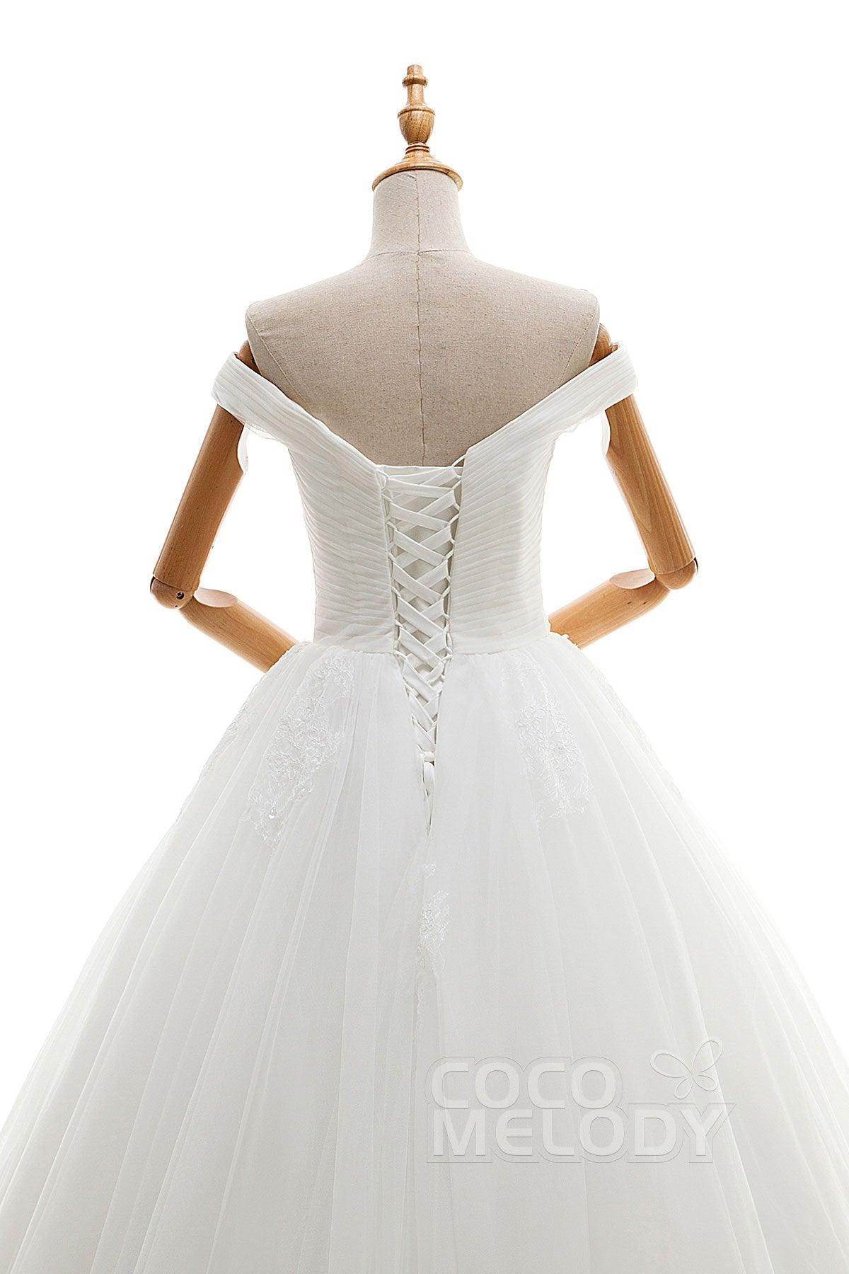 A-Line Floor Length Tulle Ivory Wedding Dress JWLF16001 - COCOMELODY