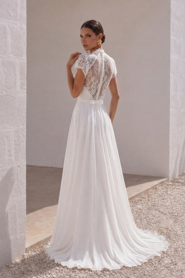 A-Line Sweep-Brush Train Chiffon Wedding Dress LD2676