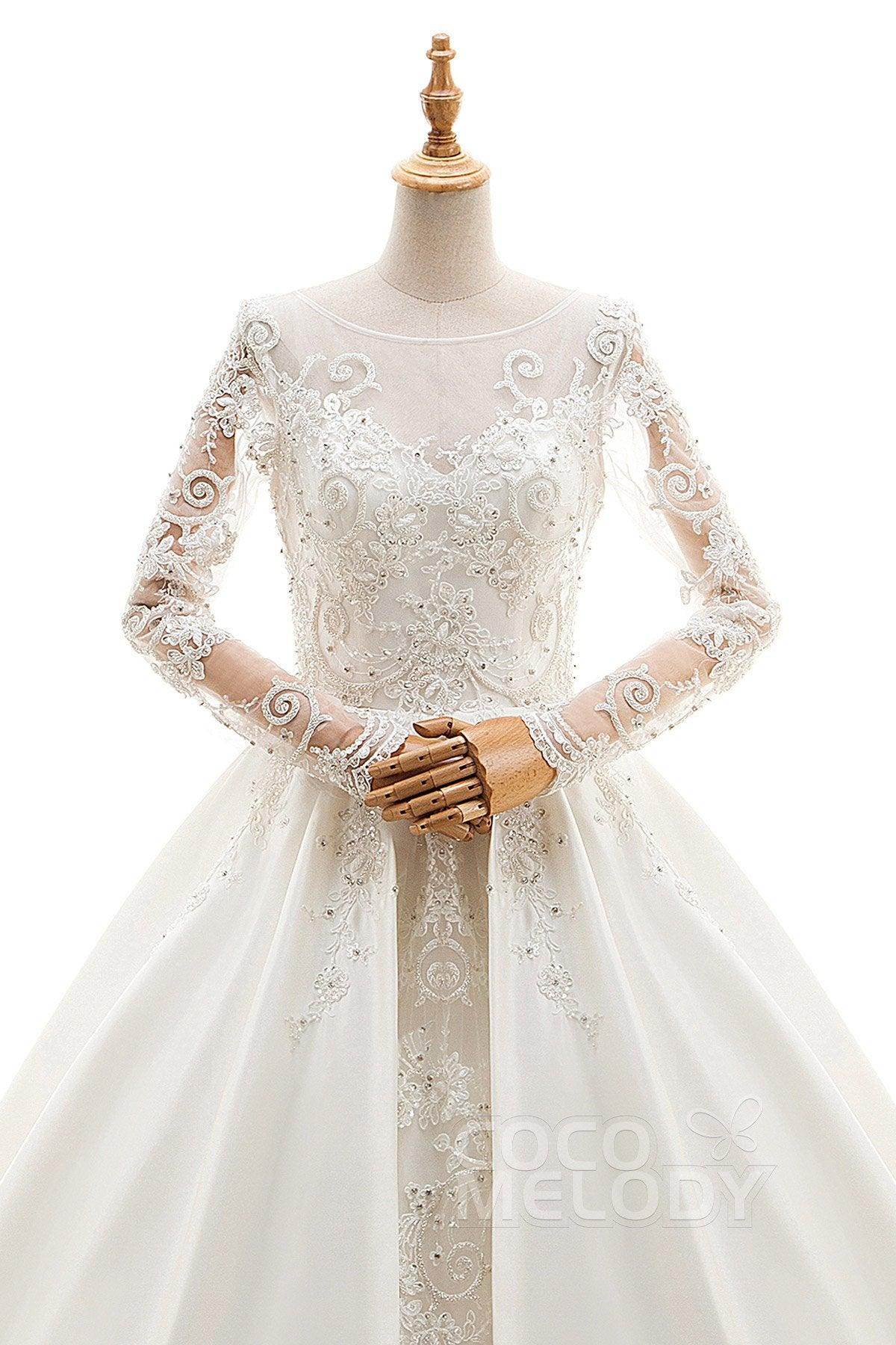 A-Line Cathedral Train Tulle and Satin Wedding Dress LD4139 - COCOMELODY