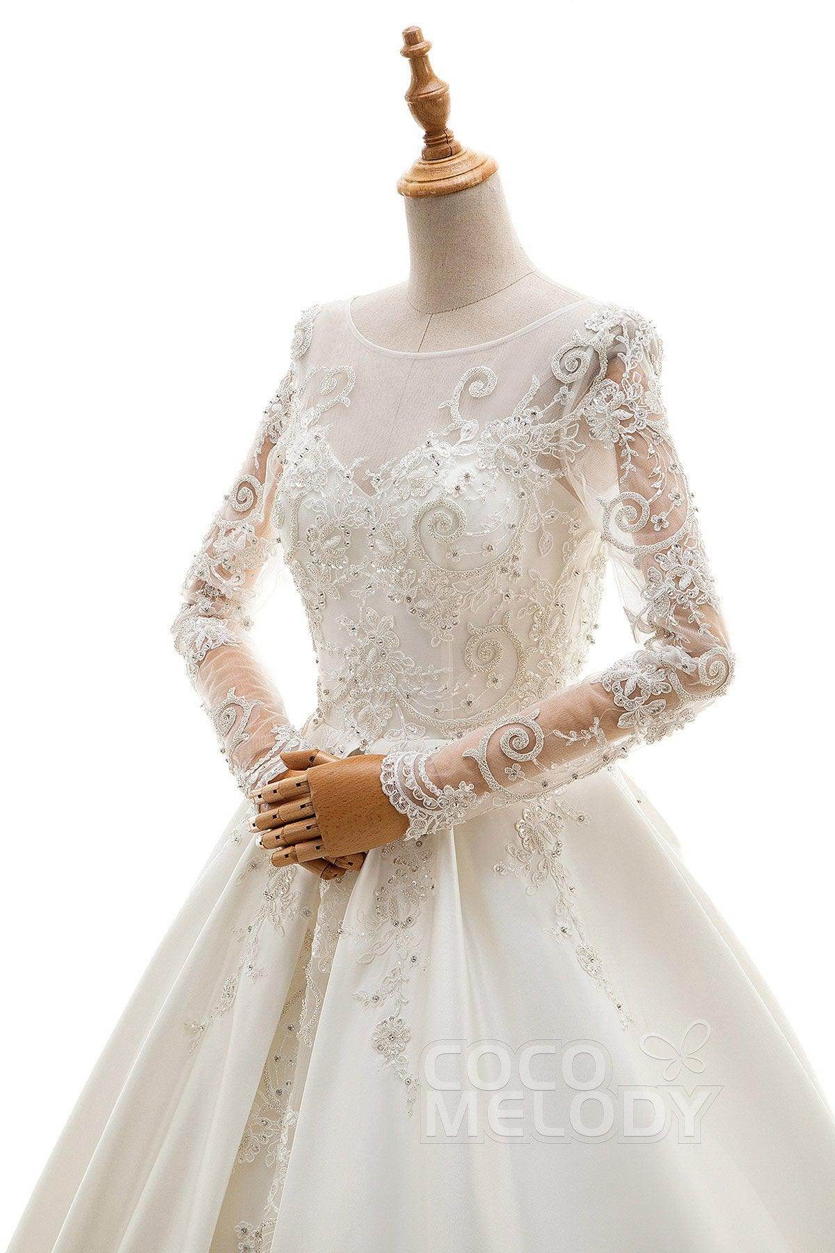 A-Line Cathedral Train Tulle and Satin Wedding Dress LD4139 - COCOMELODY