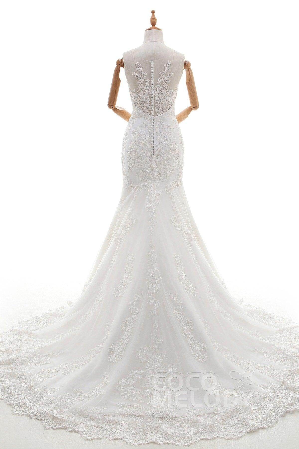 Trumpet-Mermaid Court Train Tulle Lace Wedding Dress LD4342 - COCOMELODY
