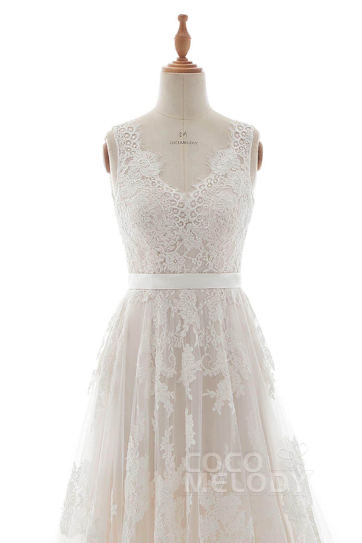 A-Line Court Train Tulle Lace and Satin Wedding Dress LD5039 - COCOMELODY
