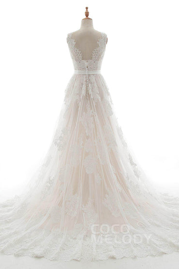 A-Line Court Train Tulle Lace and Satin Wedding Dress LD5039 - COCOMELODY