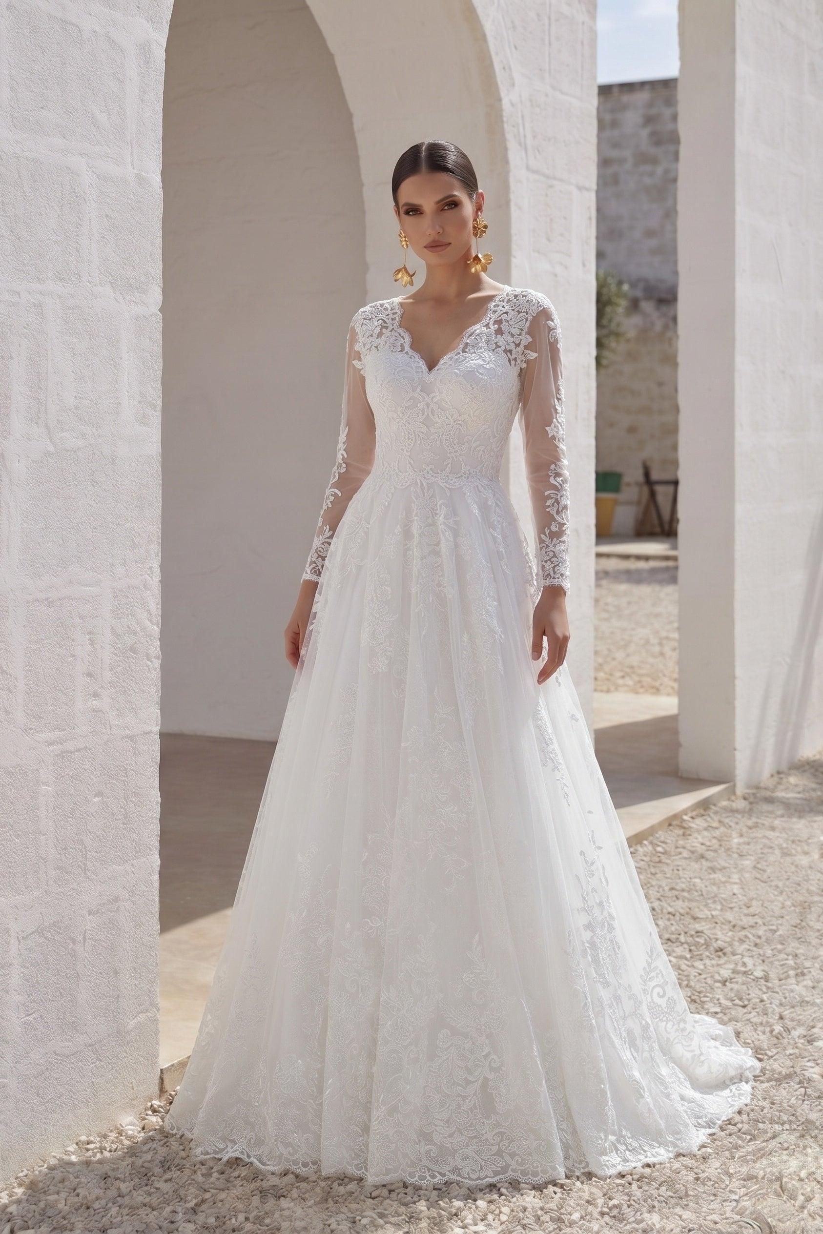 A-Line Court Train Tulle Lace Satin Modest Wedding Dress V-Neck A-Line Court Train Tulle Lace Satin Modest Wedding Dress V-Neck